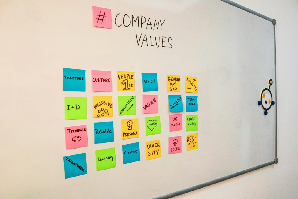 pexels-photo-15543048-15543048 A whiteboard featuring colorful sticky notes outlining company values and teamwork principles.